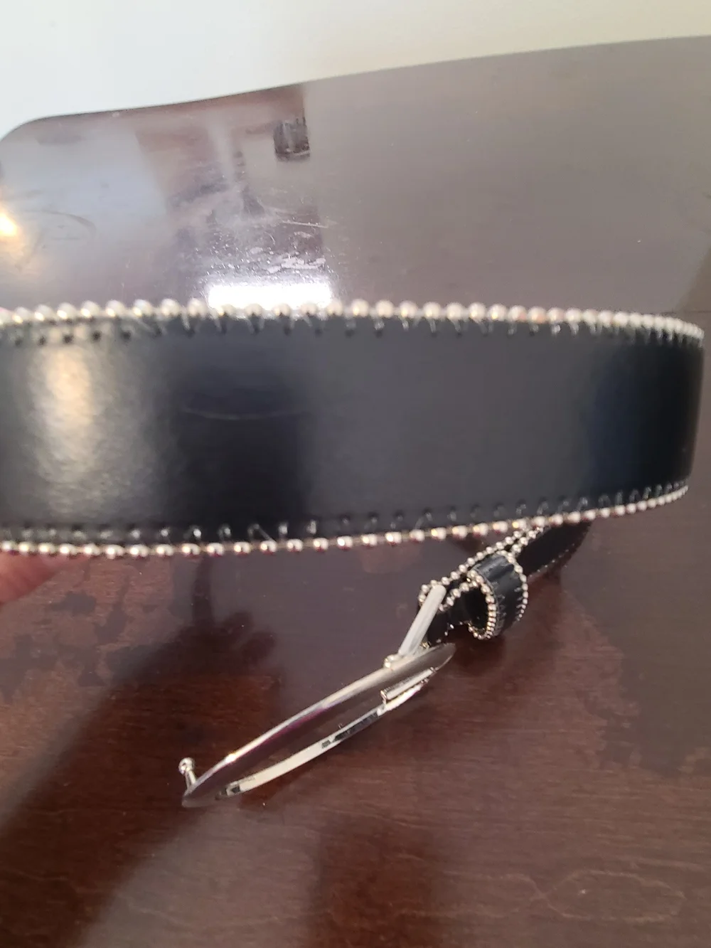 Guess Black Leather-Look Belt with Silver Beaded Edge